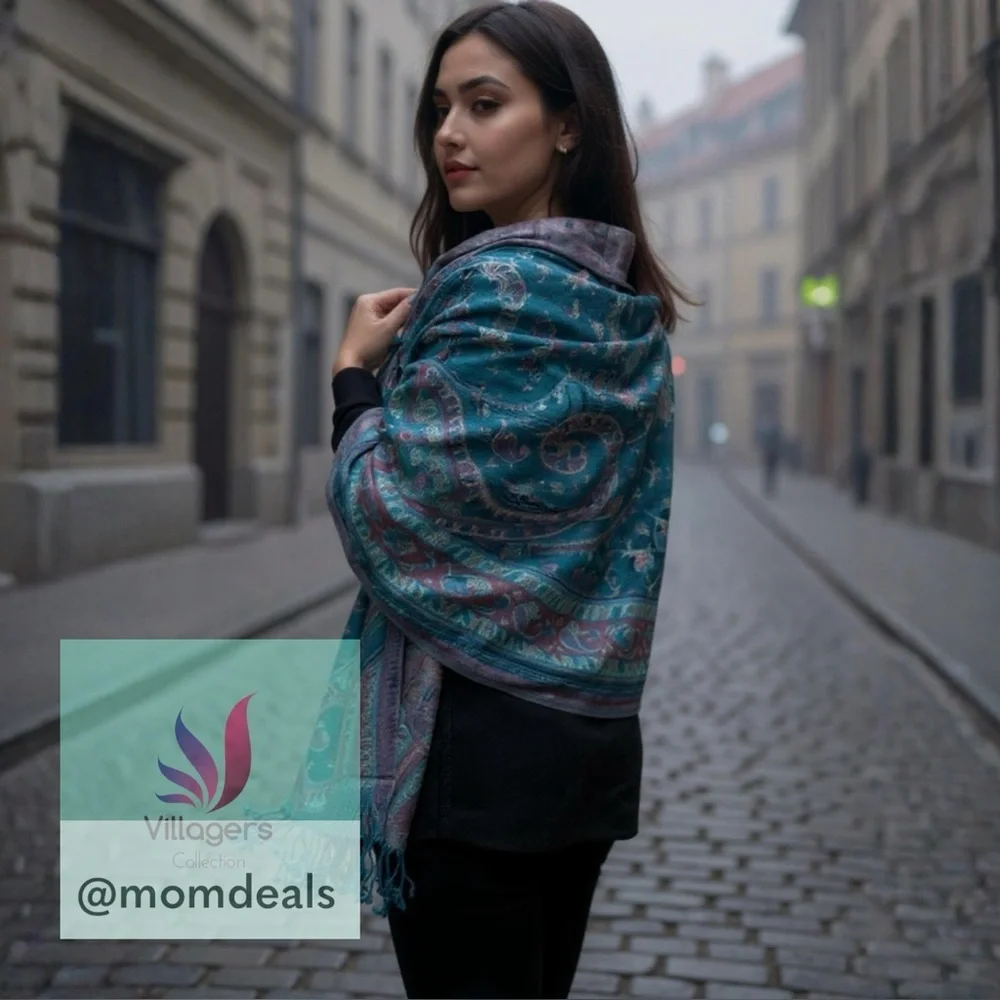 Elegant Shawl in Metallic Green Paisley-Versatile Wrap, Scarf, Veil, Soft Cozy